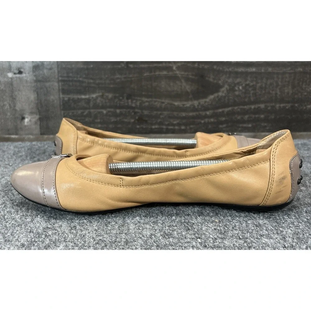 Tod's Leather Ballet Flats Beige Gray Cap Toe Womens Shoes EU 39.5 US 9.5